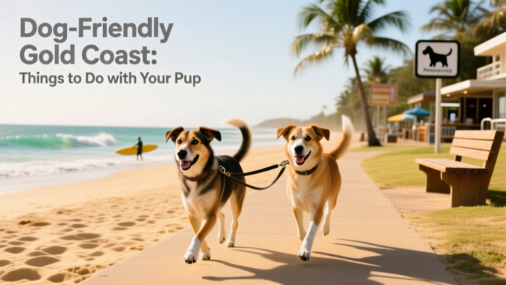 Two dogs trotting side-by-side along a coastal walking trail with golden sand, gentle waves, and palm trees in the background