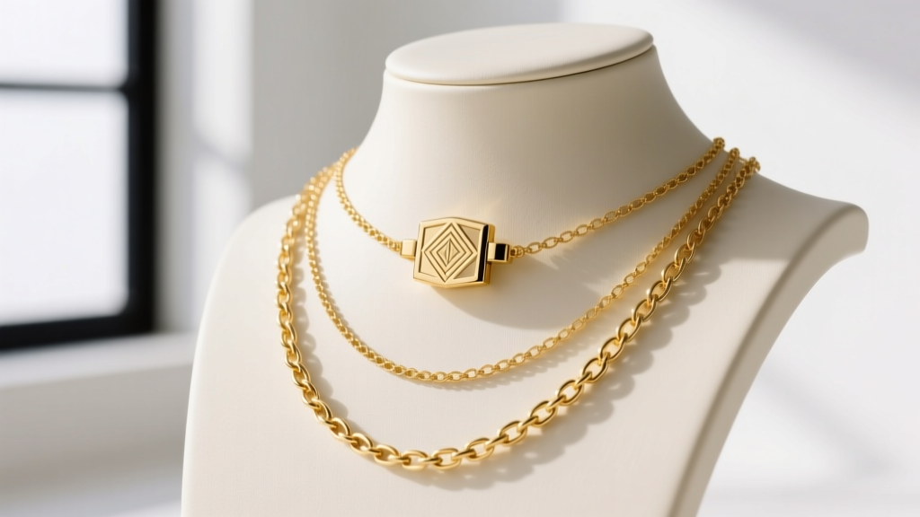 A gold necklace spacer clasp holding three separate 14k gold chains perfectly parallel, demonstrated on a jewelry display bust