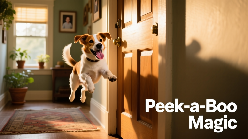 The Doodle leaping playfully out from behind the door at the end of the video, tongue lolling and tail wagging