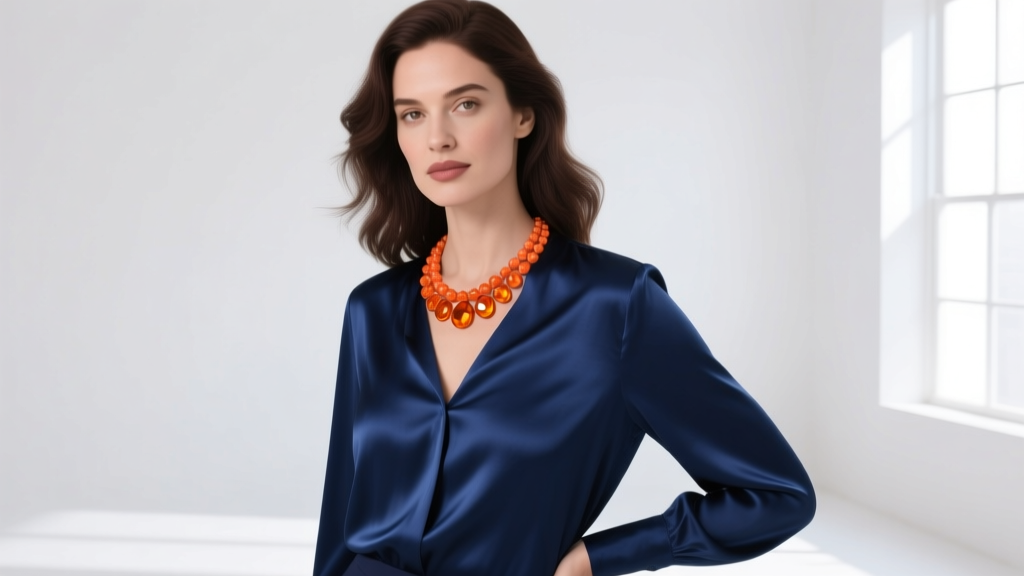 Woman wearing a matinee length orange coral necklace over a navy blue silk blouse, demonstrating high-contrast color pairing