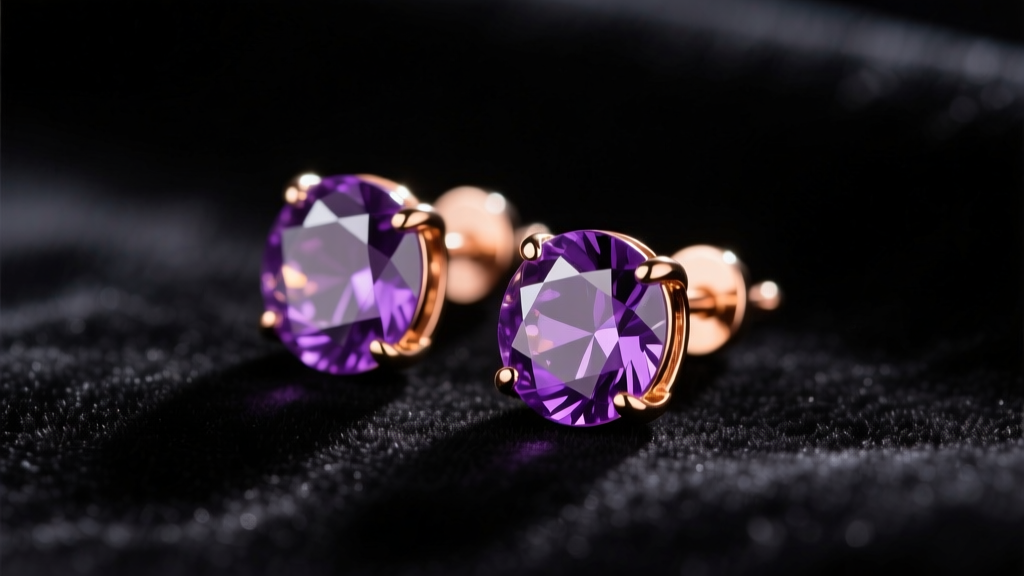 Macro shot of rose gold amethyst stud earrings on dark velvet, soft warm lighting highlighting the deep purple gemstone facets.