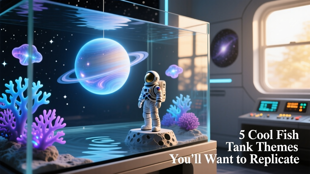 A space-themed aquarium with glowing blue and purple decorations, an astronaut figurine, and a glowing planet orb