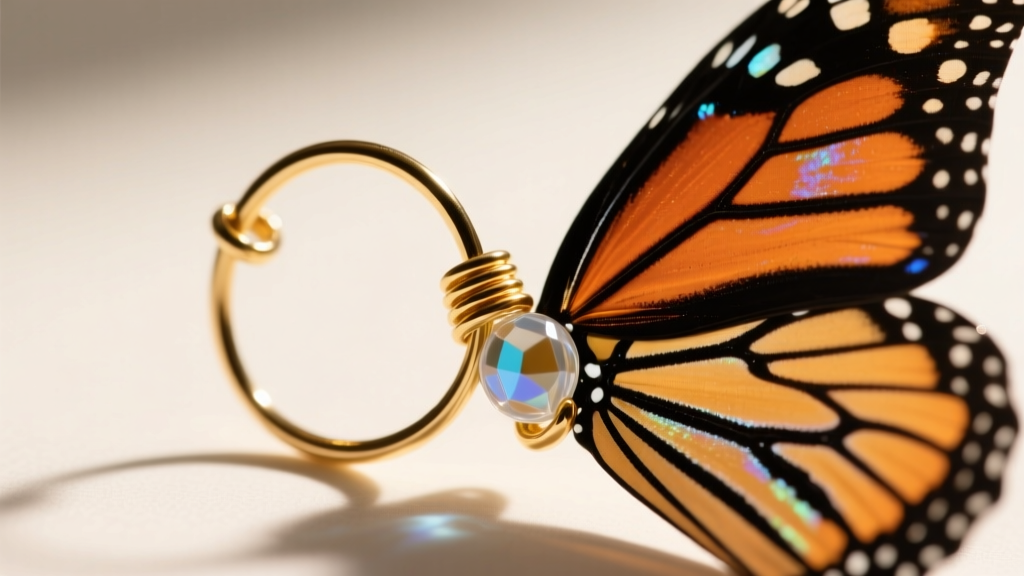Macro shot of a 20-gauge gold-filled ear wire attached to a Czech glass beaded monarch butterfly wing, highlighting the wire loop.