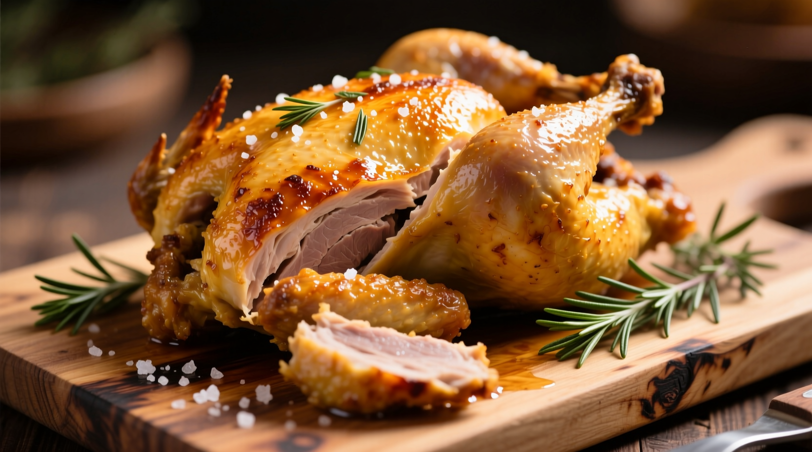 Golden roast chicken with crispy skin on wooden board