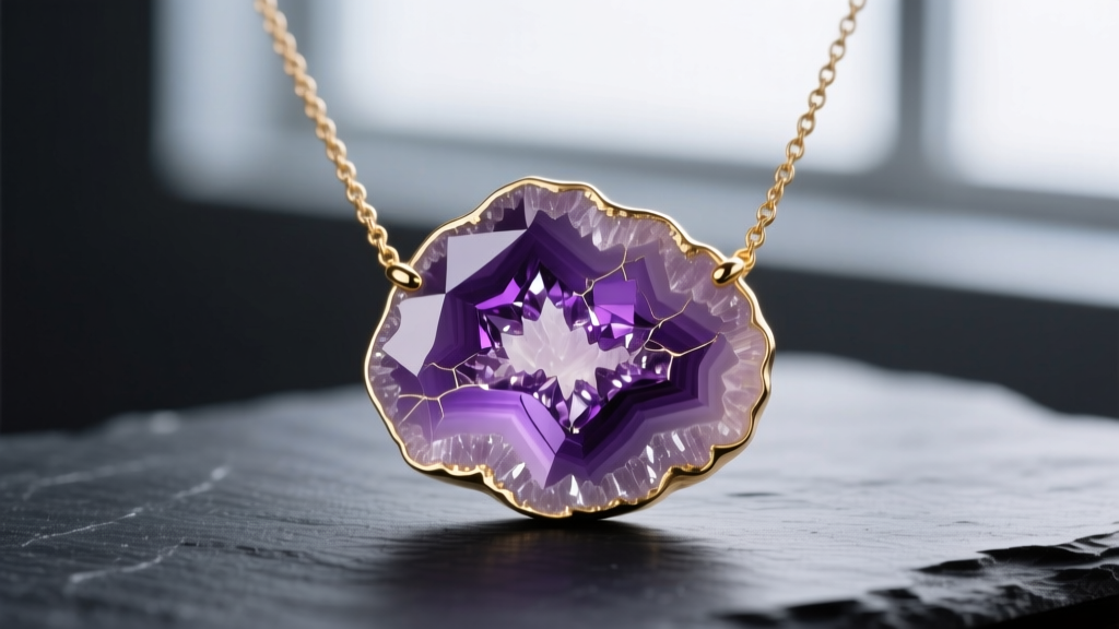 Macro shot of an amethyst geode slice necklace in a brushed 14k gold bezel, showing crystalline druzy edges against dark slate.
