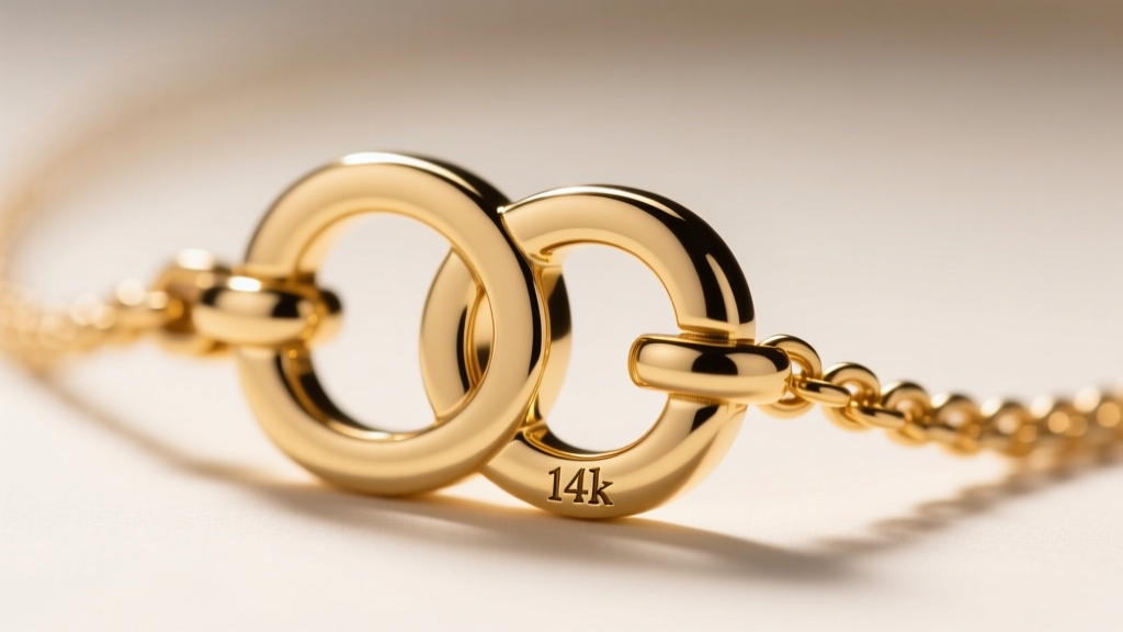 Macro shot of a gold necklace clasp showing an engraved DG maker mark stamp next to a 14k hallmark under bright lighting