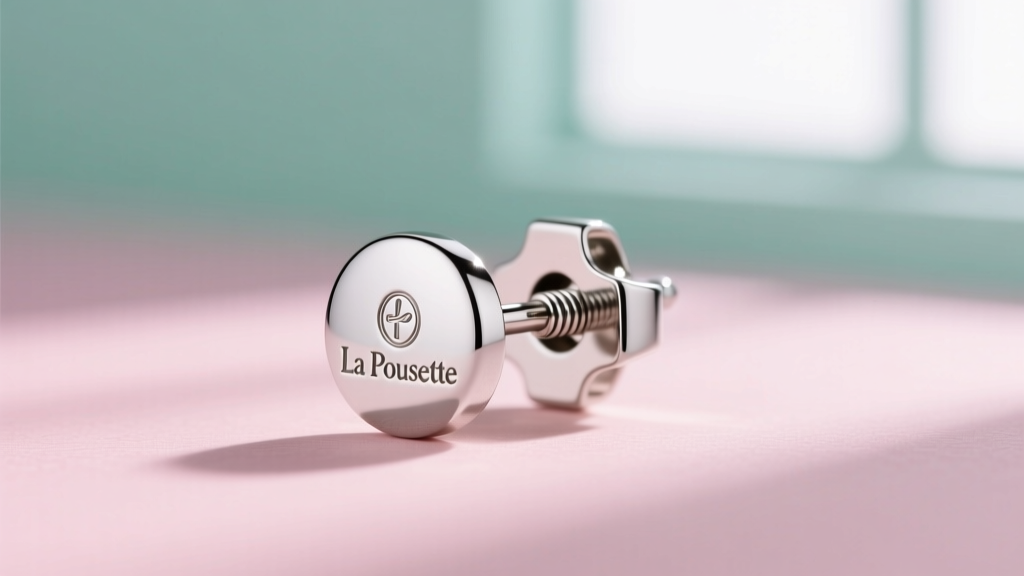 Close view of a platinum stud earring post with a secure La Pousette locking mechanism against a soft pastel background.