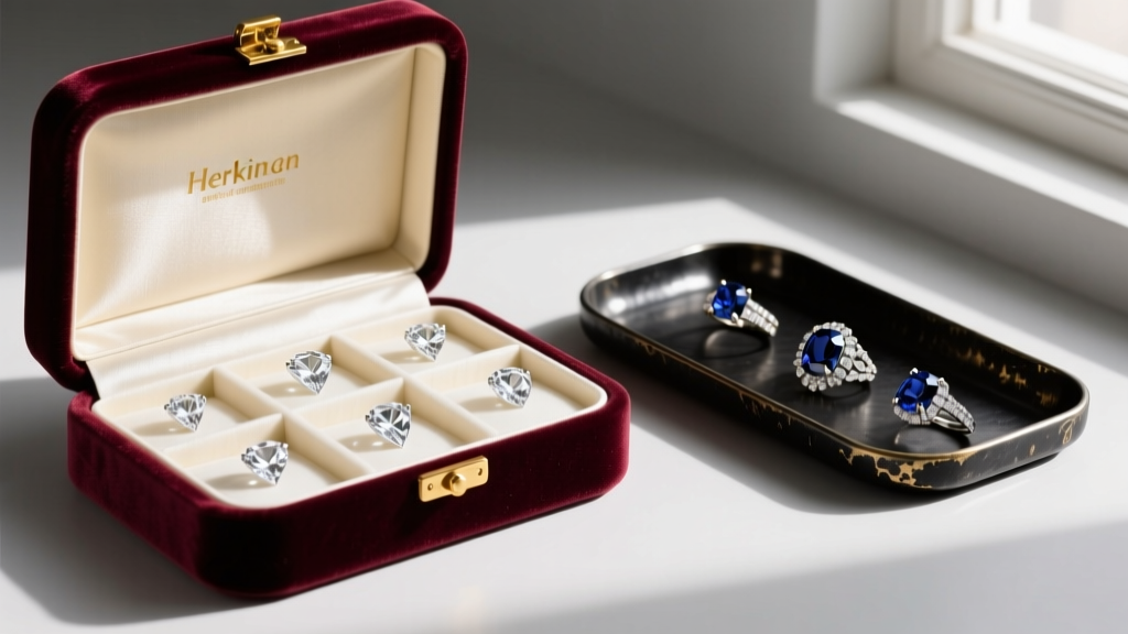 Velvet-lined jewelry box compartments holding Herkimer diamond pieces, separating them from harder sapphire and diamond rings