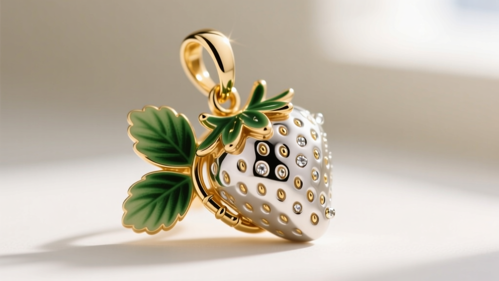 Macro shot of a gold-tone strawberry pendant showing green enamel leaves, rhinestone seeds, and a small gold lobster clasp detail.