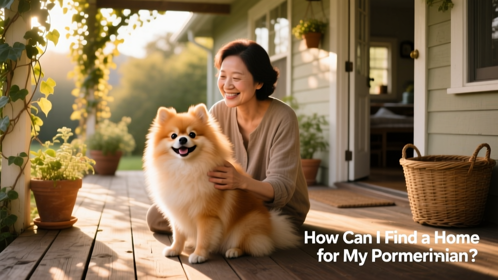 A cheerful Pomeranian sitting beside a caring adult on a sunlit porch