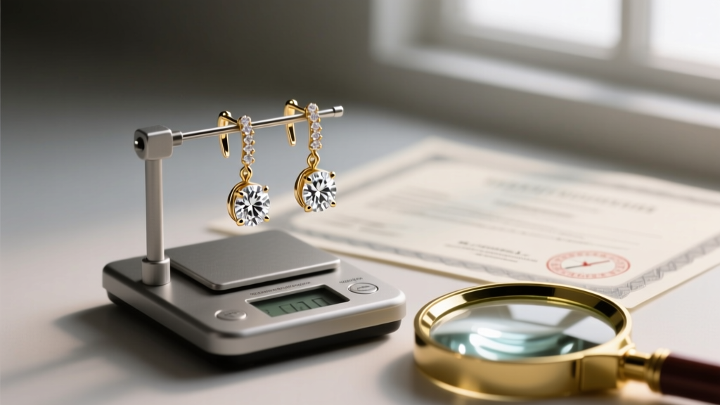 Jeweler scale weighing 14k white gold diamond drop earrings, with a loupe and certificate visible in the softly blurred background