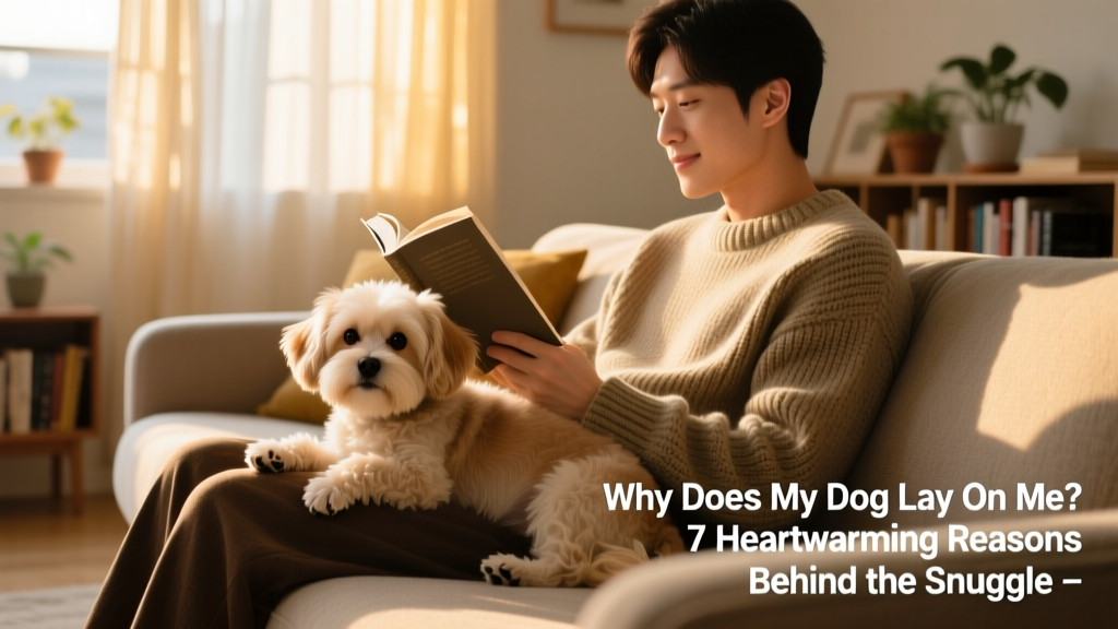 a small dog resting contentedly on a person's legs while they read a book