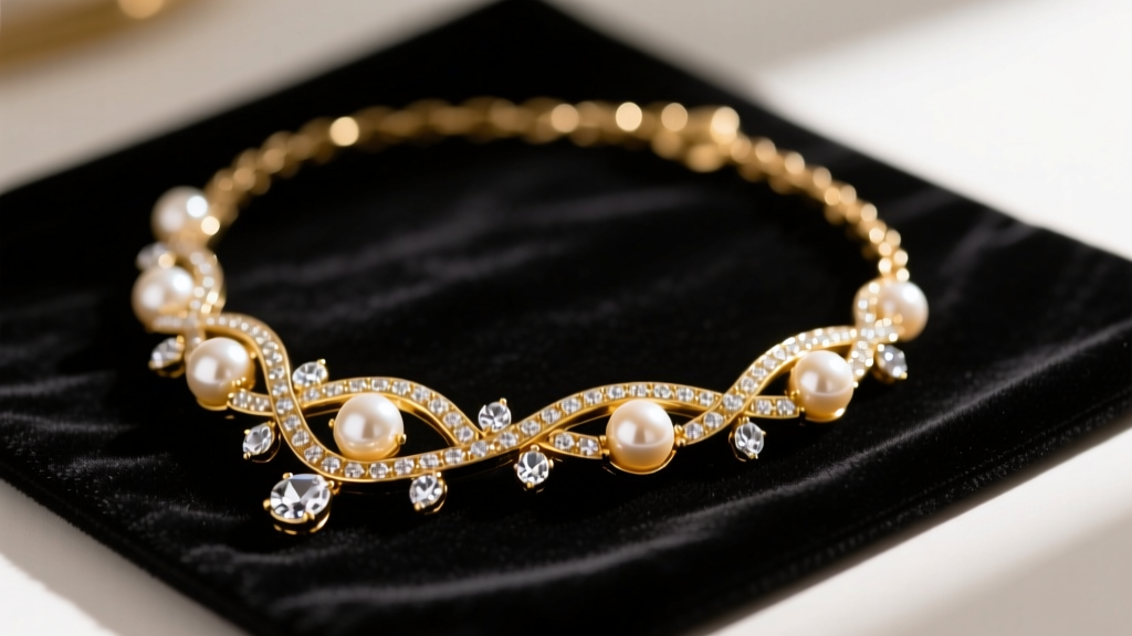 Close-up of vintage gold-tone Carolee necklace with faux pearls and crystals resting on a dark velvet jewelry repair mat
