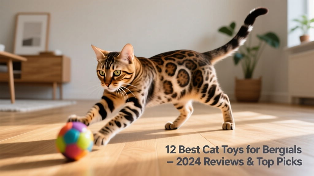 A Bengal cat focused on pushing a rolling treat ball across hardwood floor, tail flicking with concentration