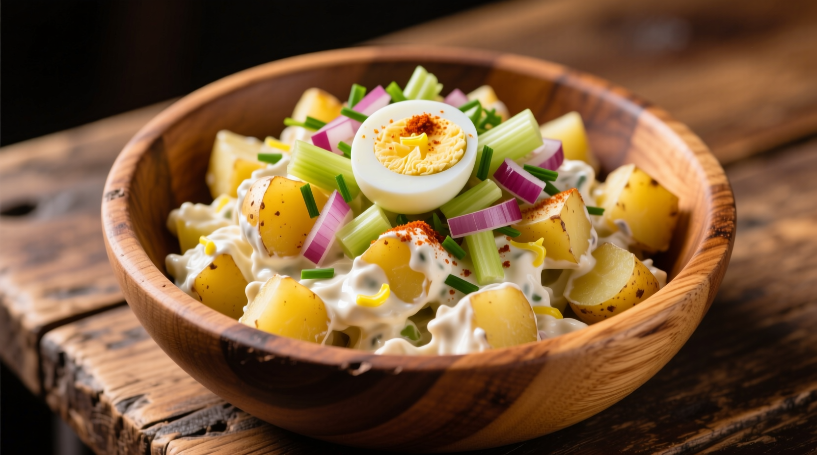 Creamy steakhouse potato salad in wooden bowl