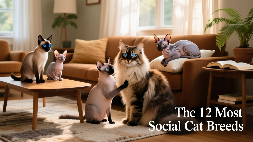 A group of diverse, friendly cats — including a Siamese, a Maine Coon, and a Sphynx — interacting calmly in a cozy living room with natural light