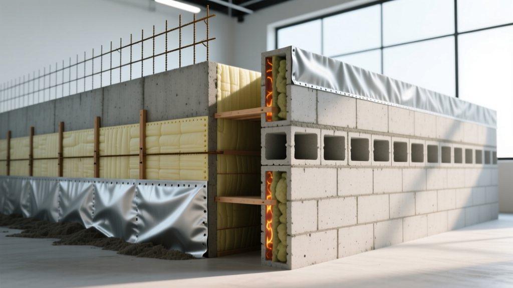 Side-by-side cross-section of a poured concrete foundation wall and a CMU masonry wall showing rebar, insulation, and waterproofing layers