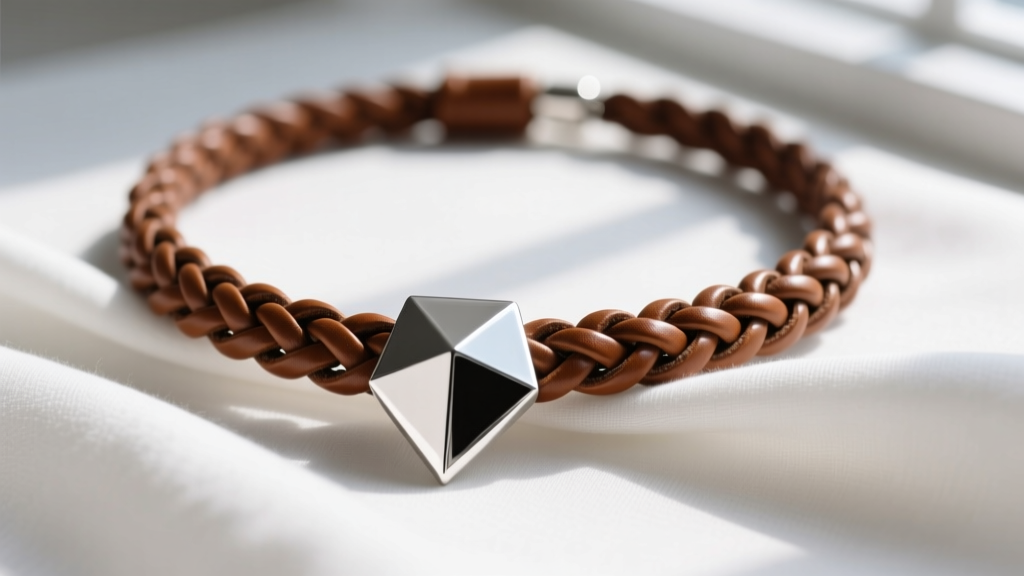 Macro shot of a braided brown leather necklace with a heavy sterling silver geometric pendant resting on a soft white linen top.