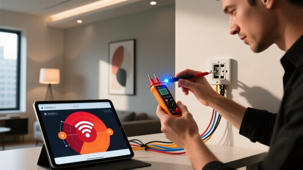 Tech enthusiast using a non-contact voltage tester and a tablet running a Wi-Fi heatmap app to install a hardwired smart switch.