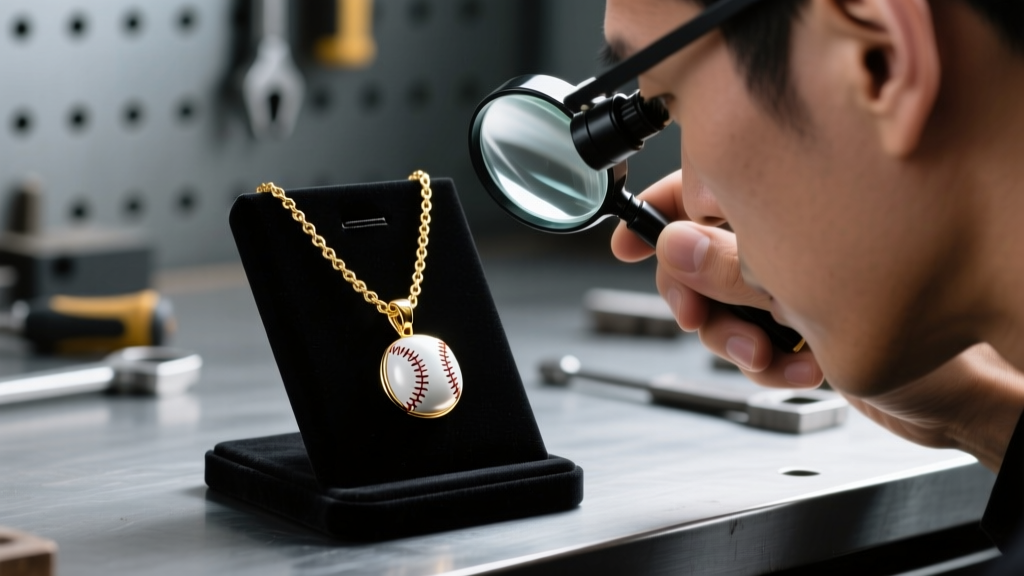 Jeweler using a loupe to inspect PVD gold plating on a custom baseball-themed pendant chain under bright workshop lighting