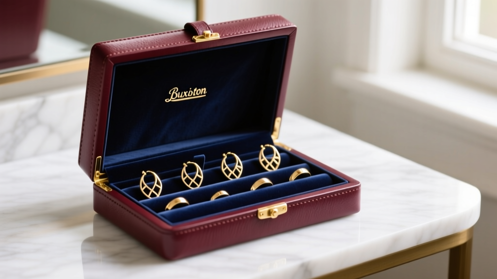 Open burgundy leather Buxton jewelry box on a marble vanity, revealing velvet ring rolls and gold hoop earrings inside.