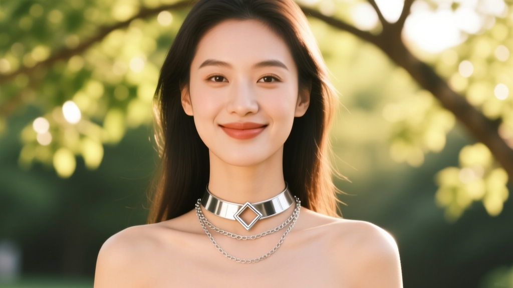 Woman wearing a layered Y2K sterling silver mood choker and delicate chain necklace, smiling softly in bright natural sunlight