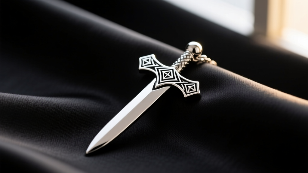 Close-up of a 316L stainless steel miniature longsword pendant resting on black silk, highlighting intricate crossguard details.