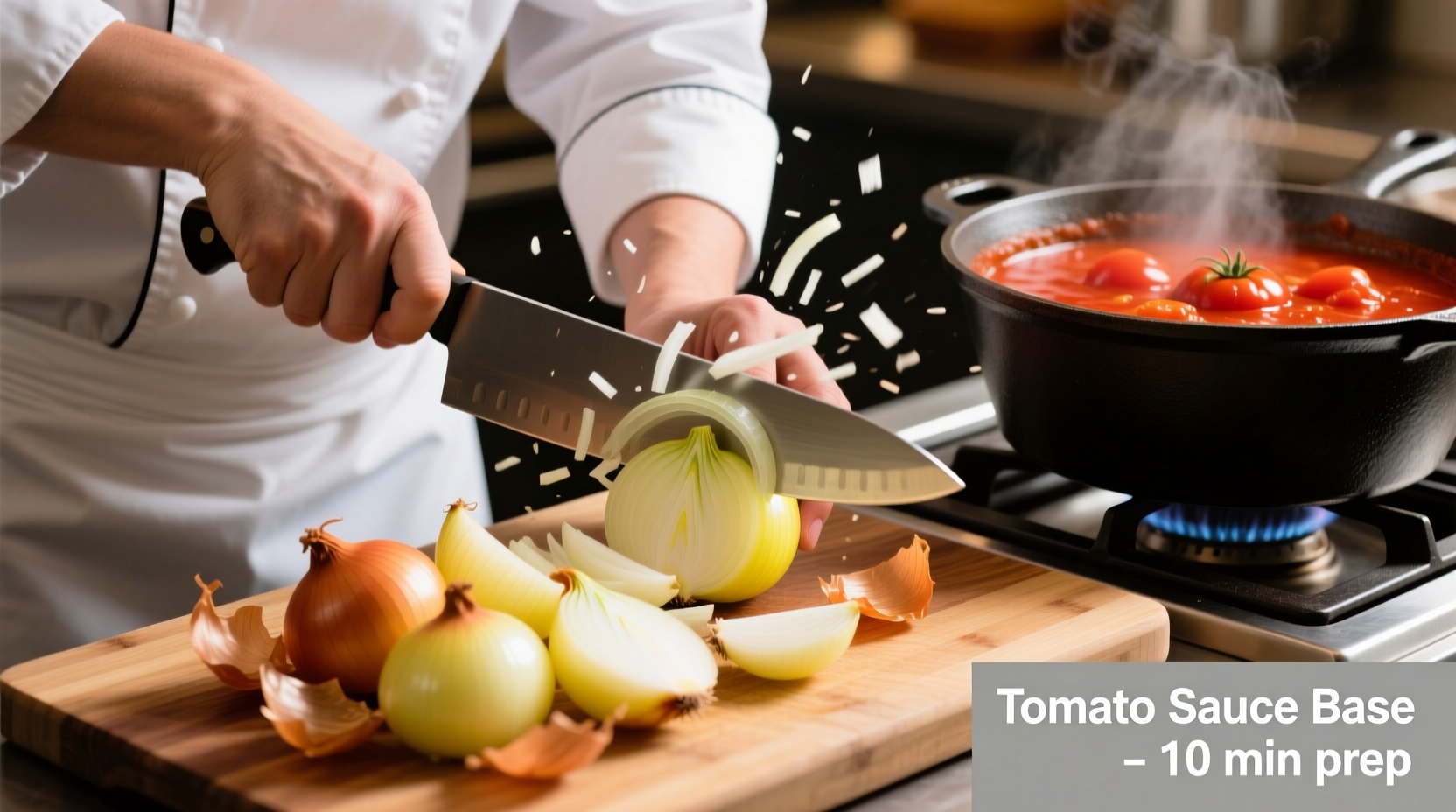 Chef chopping yellow onions for tomato sauce