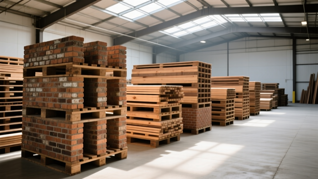 Stacked reclaimed brick pallets and salvaged lumber inside a brightly lit Houston building materials reuse warehouse facility.