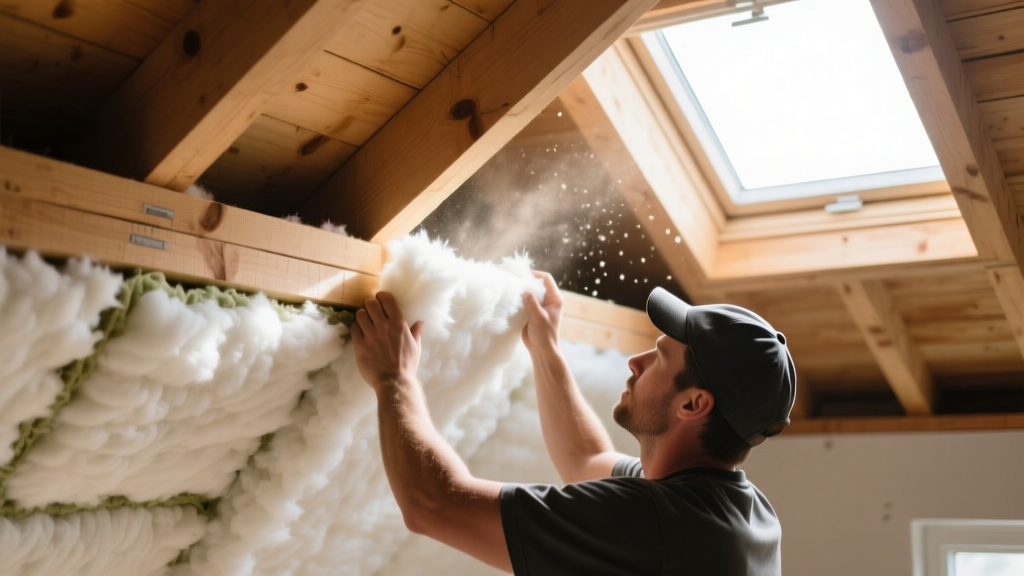Installer fitting dense mineral wool batts between exposed wooden attic floor joists to block sound transfer to the ceiling below.