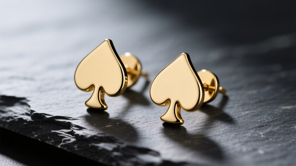 Close-up of gold-plated brass spade motif stud earrings on dark slate, highlighting high-polish finish and subtle edge wear.