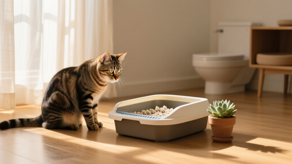 A calm cat observing its litter box, illustrating natural bathroom habits