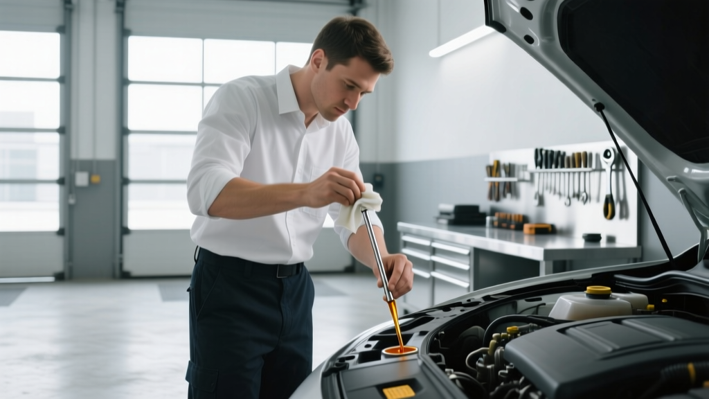 Certified automotive technician checking the Automatic Transmission Fluid level and condition using a dipstick in a well-lit repair garage.