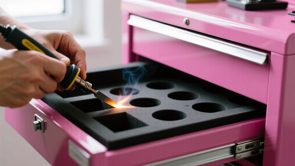 Hands using a hot wire cutter to carve precise ring slots into dense black EVA foam lining the drawer of a pink metal tool chest
