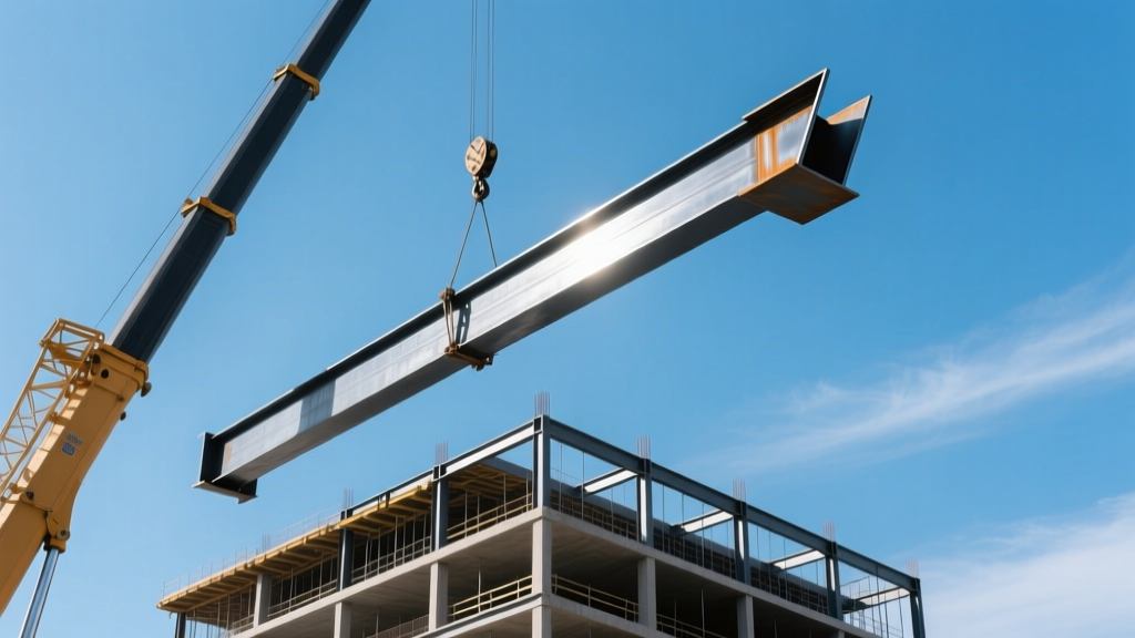 Structural steel W-shape beams hoisted by a crane and bolted into a multi-story commercial building frame against a clear sky