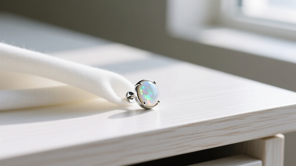Soft microfiber cloth gently wiping a silver stud earring with a milky hydrophane opal on a clean wooden desk, avoiding water.