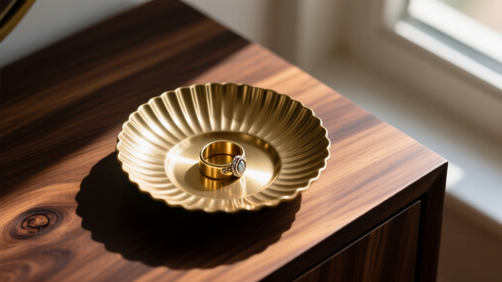 Top-down view of a fluted brushed brass jewelry ring holder dish on a dark walnut vanity, illuminated by warm morning sunlight.