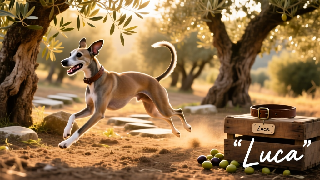 A joyful Italian greyhound running through a sun-dappled olive grove