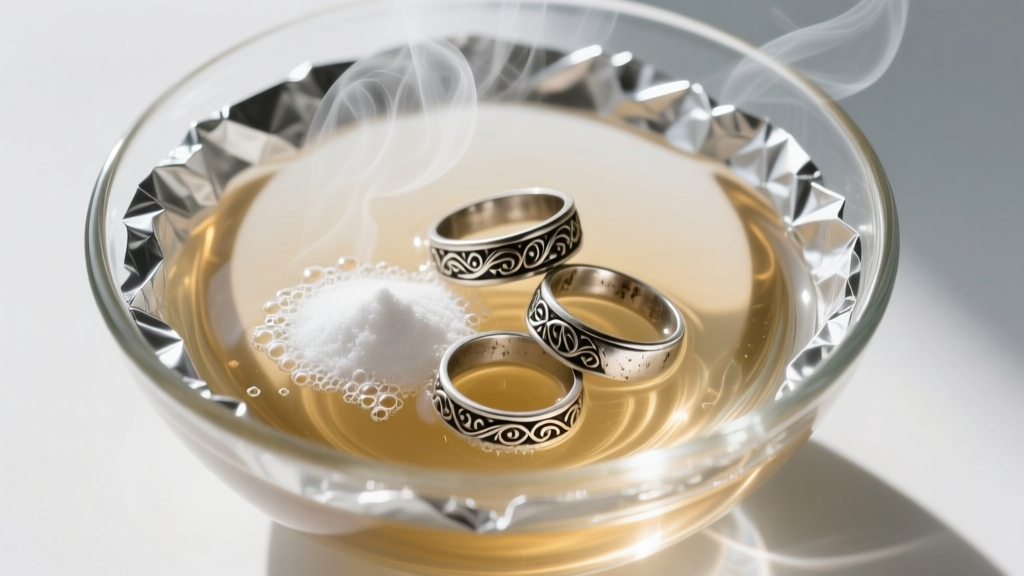 Overhead view of a glass bowl lined with aluminum foil, steaming water, baking soda, and tarnished sterling silver rings inside