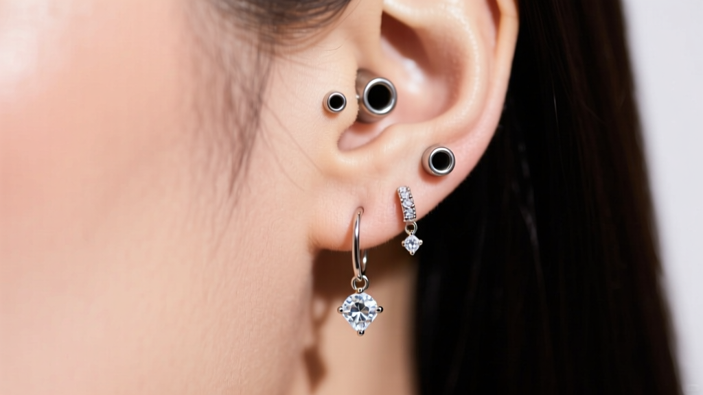 Close-up of 4-gauge titanium tunnels with delicate diamond hanger dangles on a woman's earlobes, soft studio lighting, elegant mood.