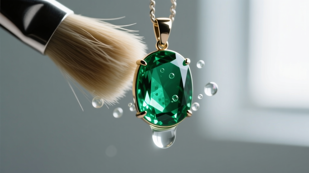 A soft goat-hair brush gently cleaning the bezel edge of an emerald pendant under distilled water and mild pH-neutral soap.