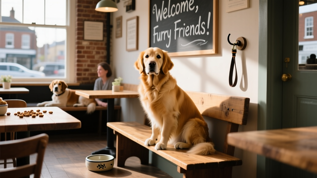 A dog sits on a bench in a dog-friendly restaurant