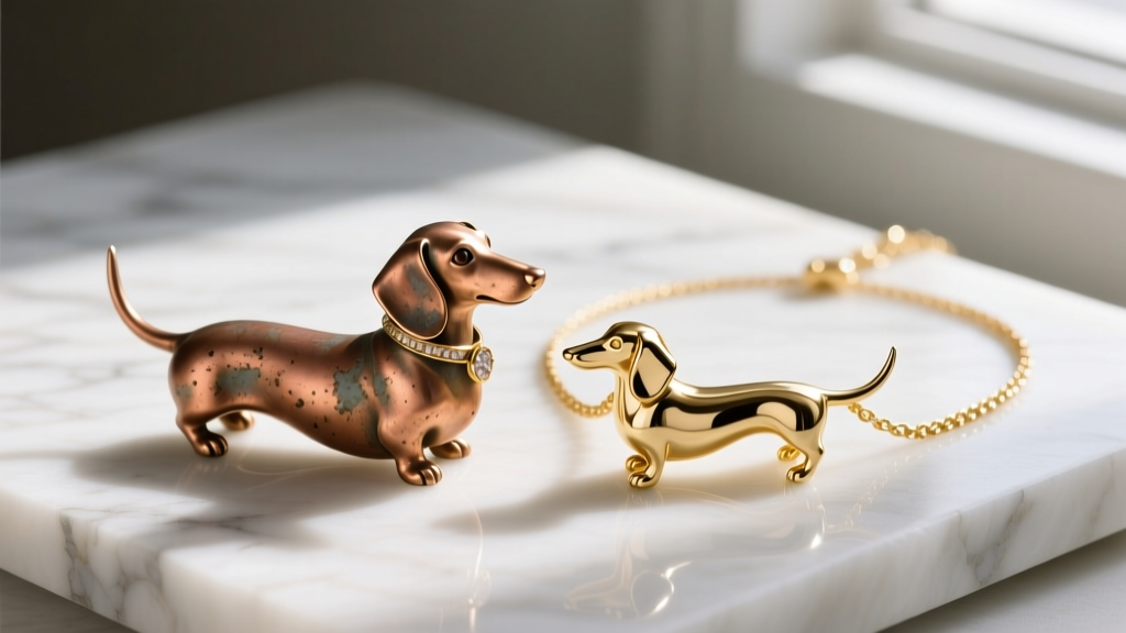 Faded vermeil dachshund pendant with brass undertones next to a pristine 14k solid gold dachshund necklace on a white marble slab