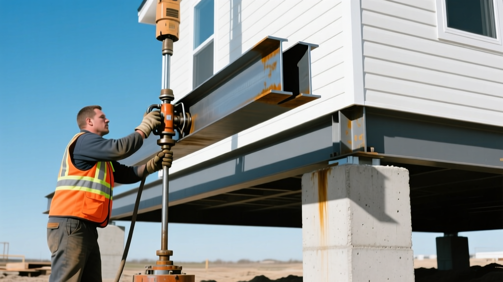 Technician using a hydraulic jack to lift a steel I-beam on a concrete pier foundation beneath a manufactured home outdoors