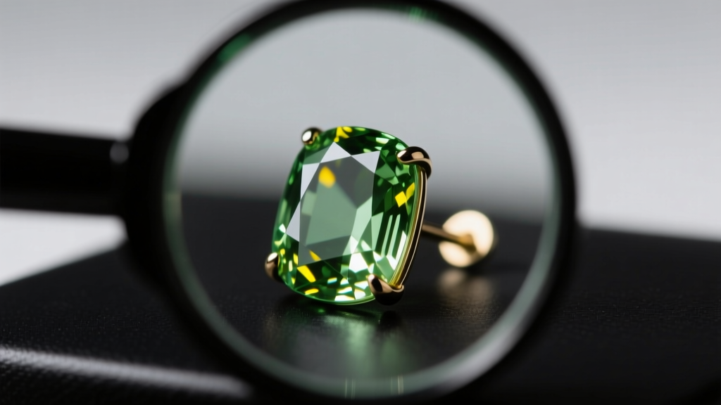 Loupe examining a faded green amethyst earring, showing a yellowish tint near the pavilion facets under bright studio lighting.