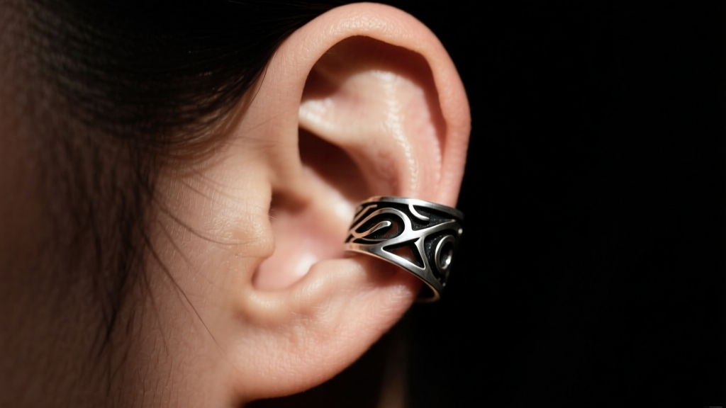 Close-up of an ear wearing an intentionally oxidized sterling silver ear cuff with darkened crevices under moody studio lighting.