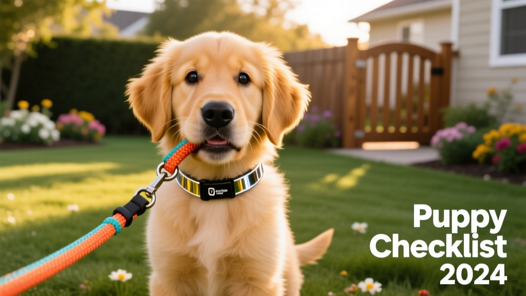 A golden retriever puppy wearing a reflective collar and holding a durable nylon leash in its mouth