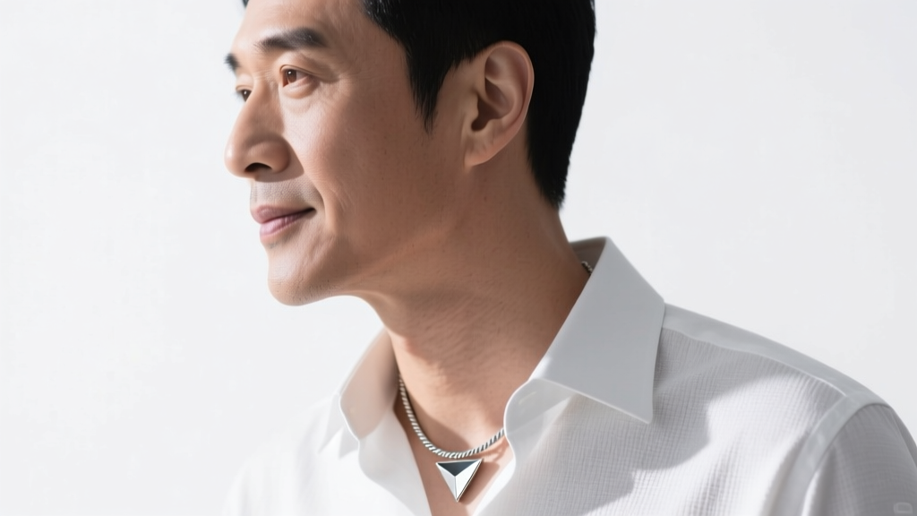 Side profile of a man wearing a subtle 2mm sterling silver rope chain and geometric pendant against a crisp white collared shirt