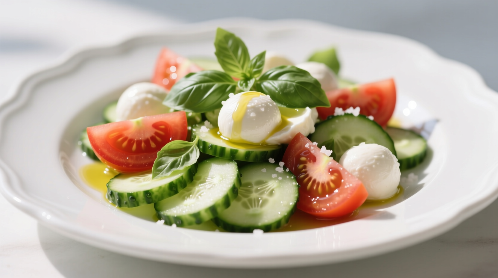 Fresh cucumber tomato and mozzarella salad on white plate