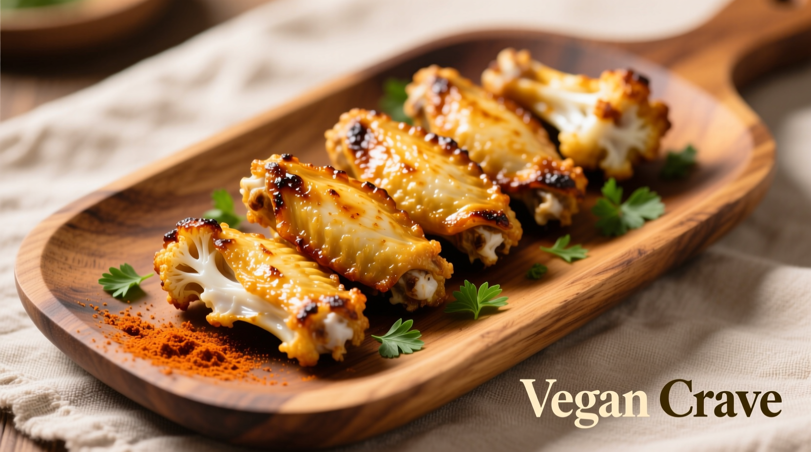 Golden vegan cauliflower wings on a wooden platter